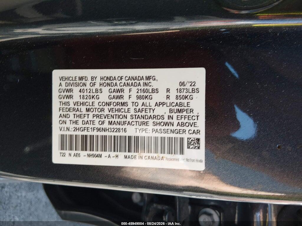 2HGFE1F96NH322816 2022 HONDA CIVIC photo no. 9