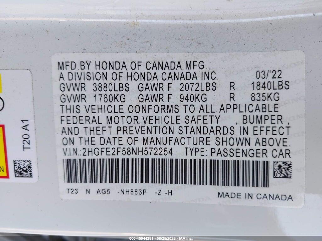 2HGFE2F58NH572254 2022 HONDA CIVIC photo no. 9