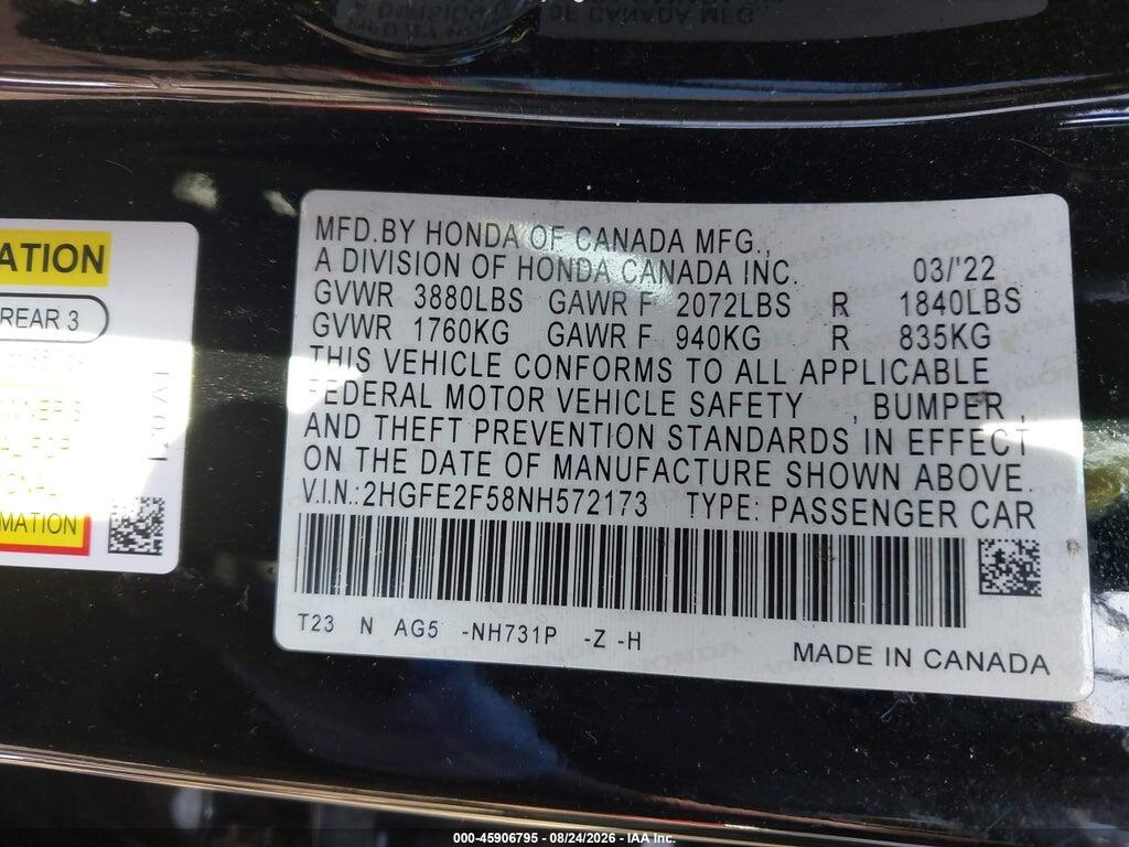 2HGFE2F58NH572173 2022 HONDA CIVIC photo no. 9