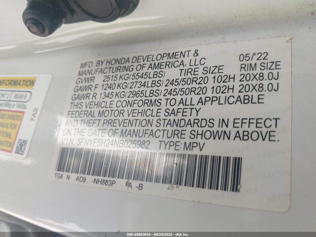 5FNYF5H24NB025982 2022 HONDA PILOT photo no. 9