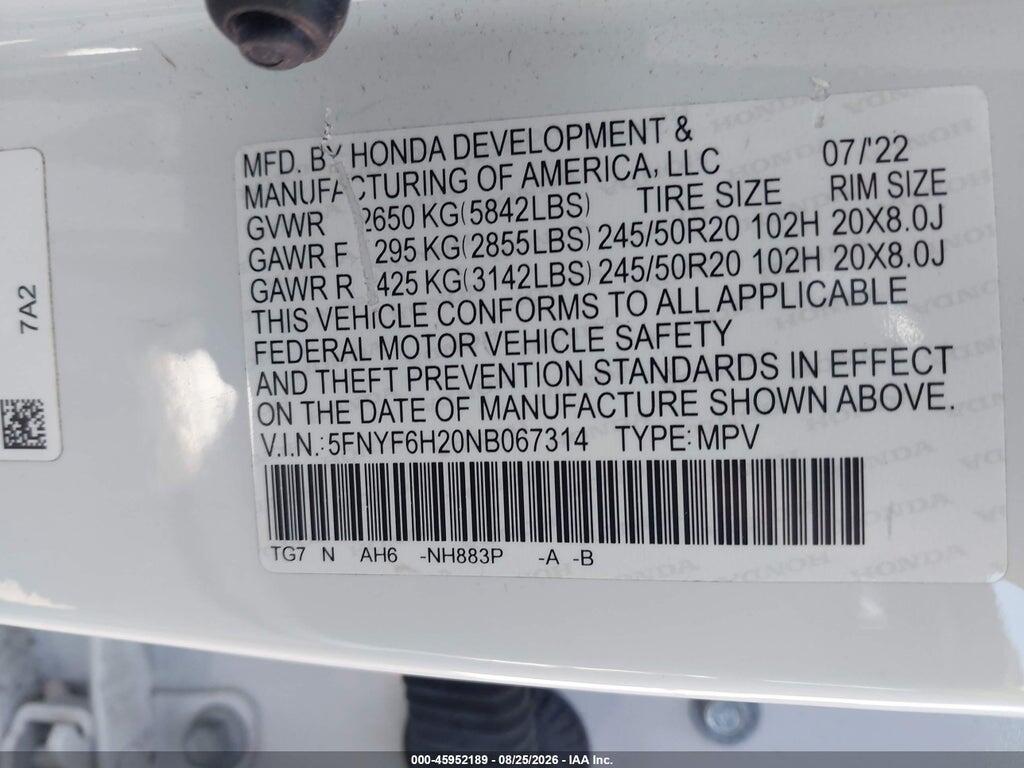 5FNYF6H20NB067314 2022 HONDA PILOT photo no. 9