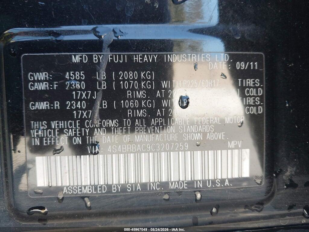 4S4BRBAC9C3207259 2012 SUBARU OUTBACK photo no. 9
