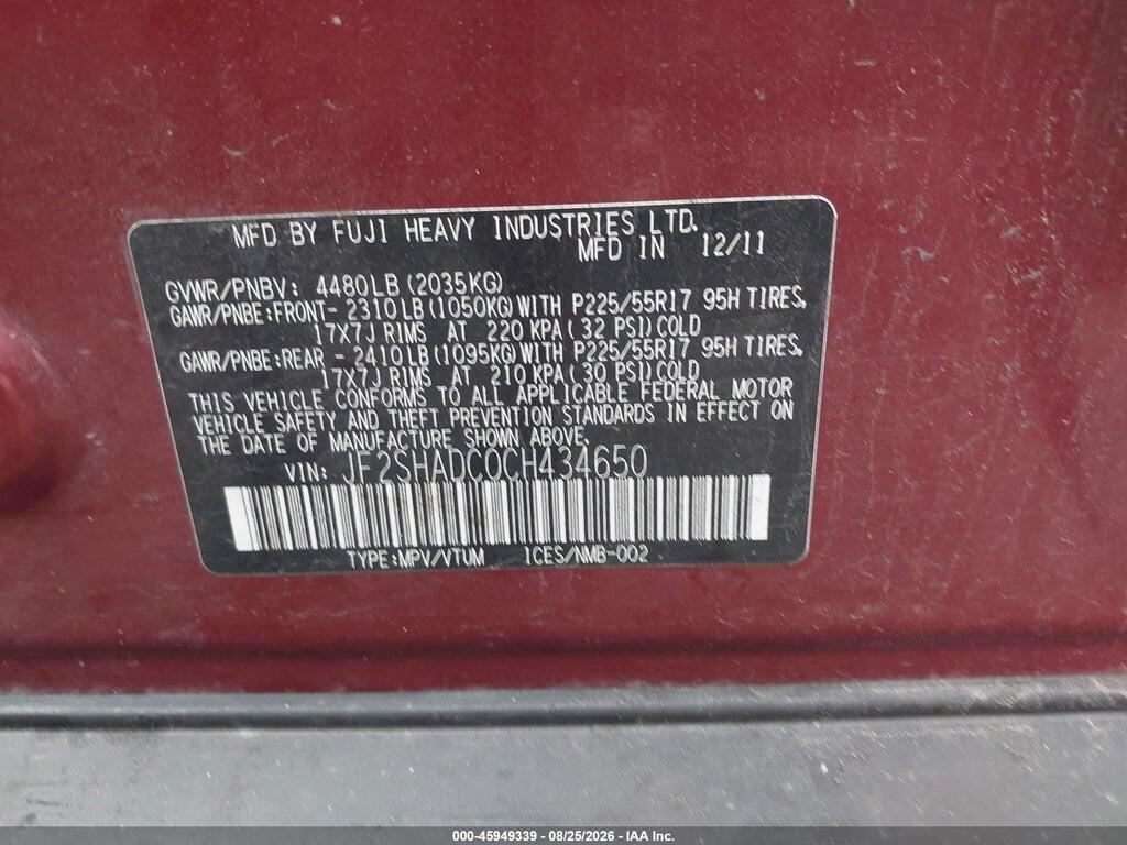 JF2SHADC0CH434650 2012 SUBARU FORESTER photo no. 9