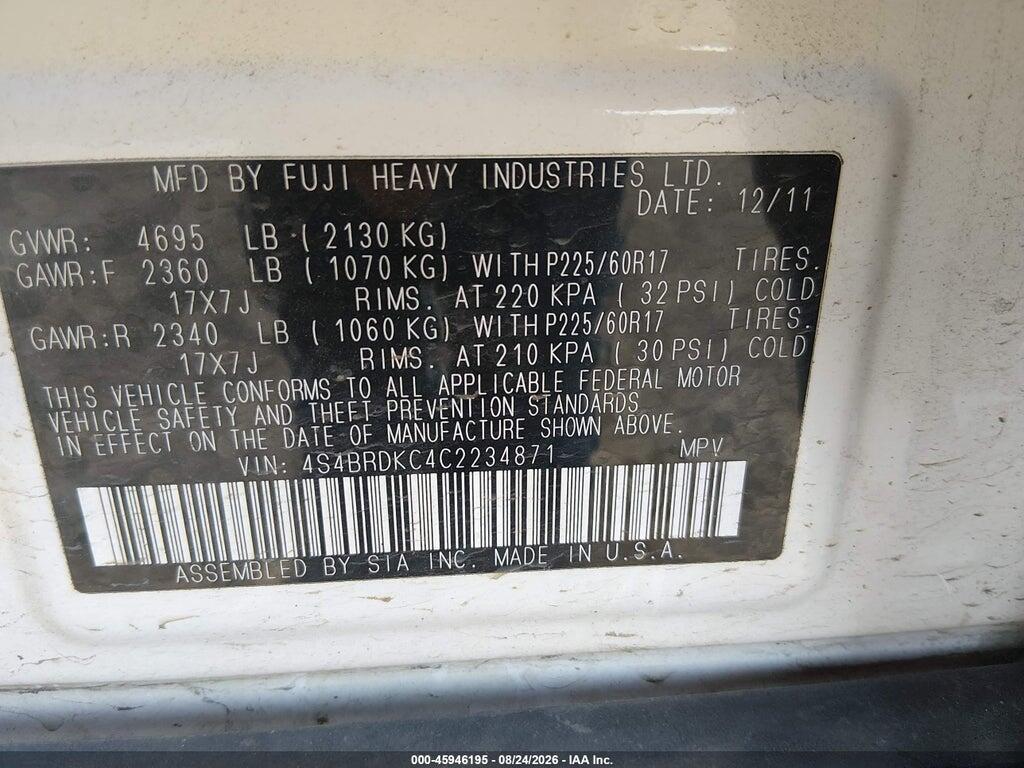 4S4BRDKC4C2234871 2012 SUBARU OUTBACK photo no. 9