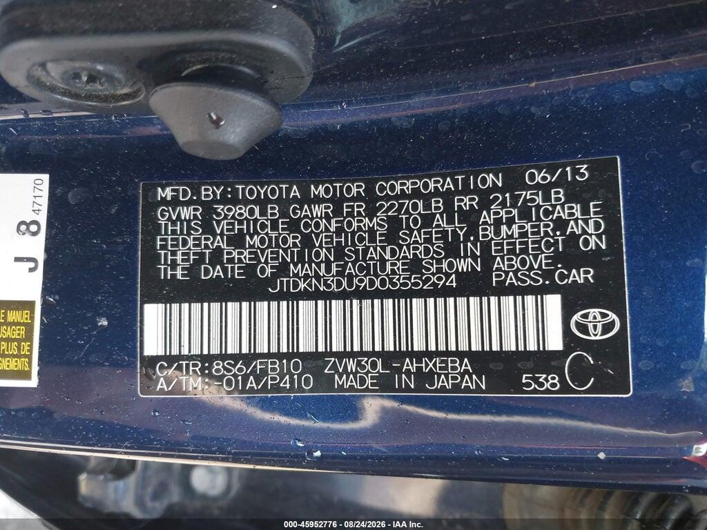 JTDKN3DU9D0355294 2013 TOYOTA PRIUS photo no. 9