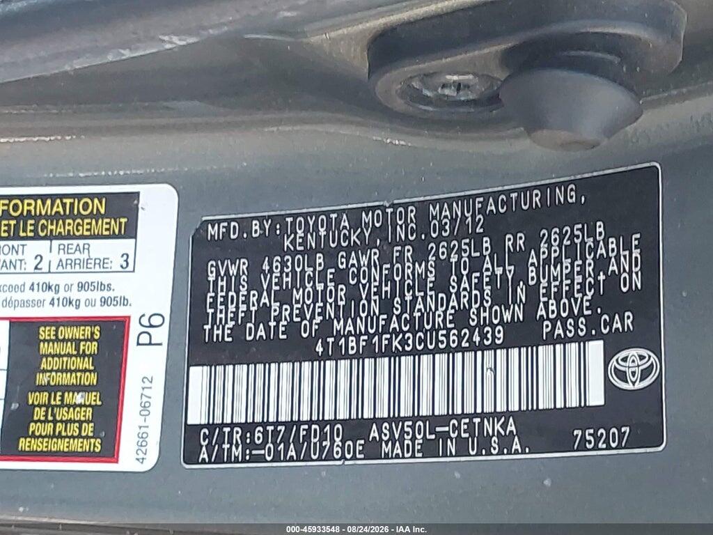 4T1BF1FK3CU562439 2012 TOYOTA CAMRY photo no. 9