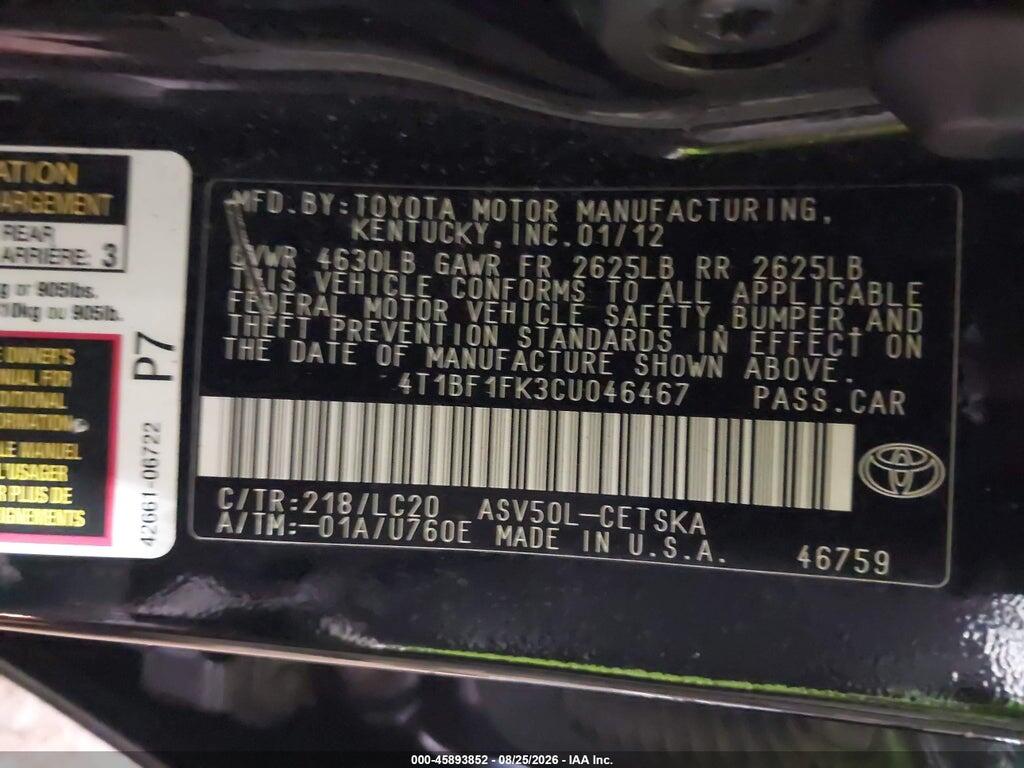 4T1BF1FK3CU046467 2012 TOYOTA CAMRY photo no. 9