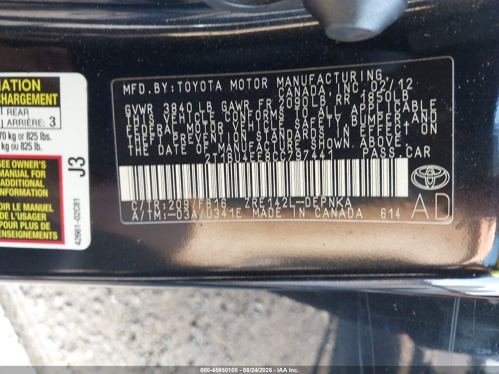 2T1BU4EE8CC797441 2012 TOYOTA COROLLA photo no. 9
