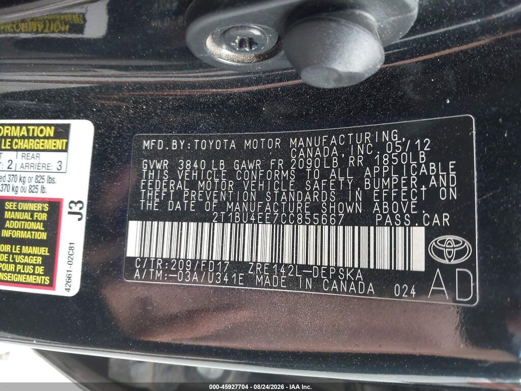 2T1BU4EE7CC855667 2012 TOYOTA COROLLA photo no. 9