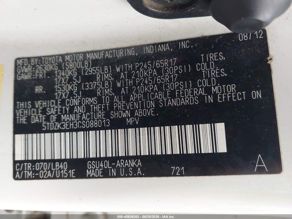 5TDZK3EH3CS088013 2012 TOYOTA HIGHLANDER photo no. 9