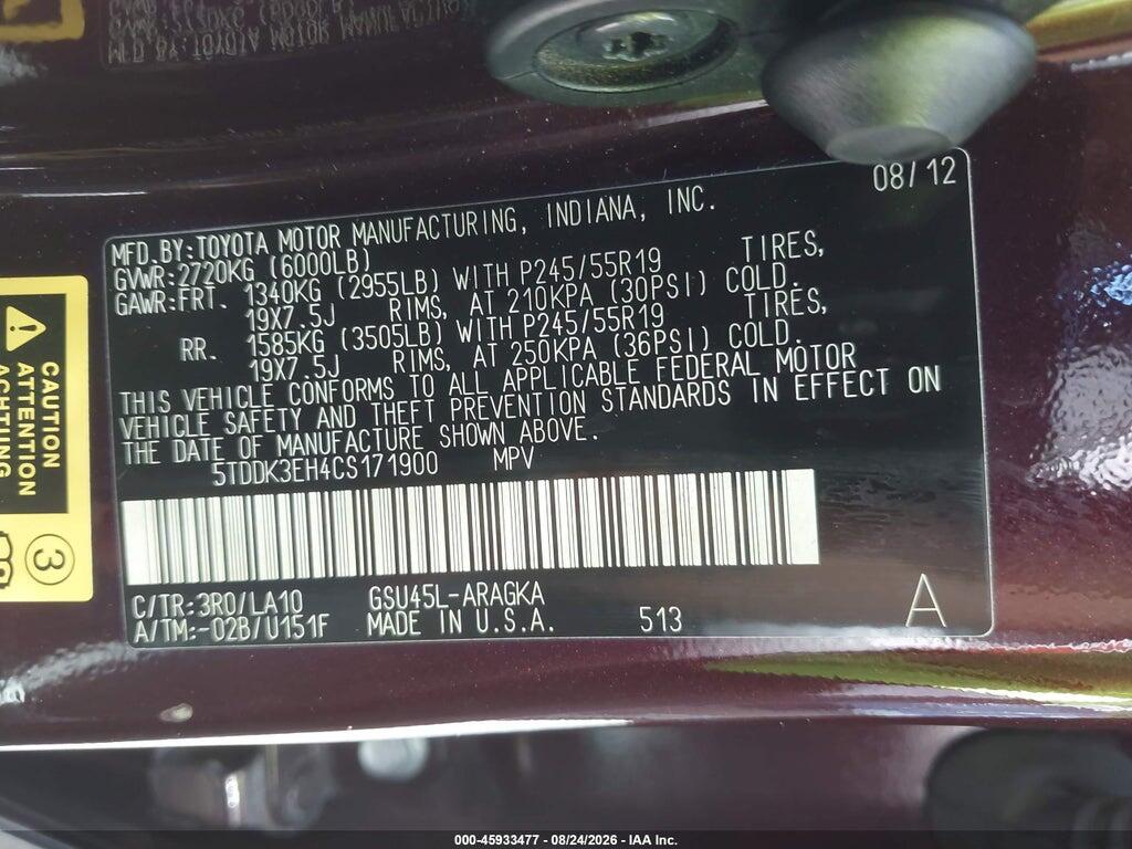5TDDK3EH4CS171900 2012 TOYOTA HIGHLANDER photo no. 9