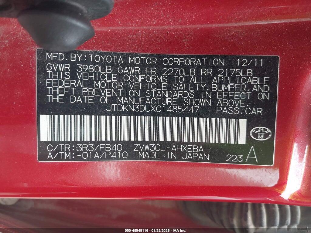 JTDKN3DUXC1485447 2012 TOYOTA PRIUS photo no. 9