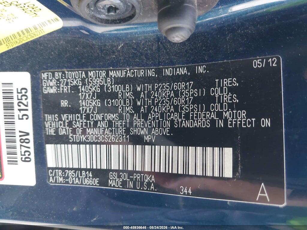 5TDYK3DC3CS262311 2012 TOYOTA SIENNA photo no. 9