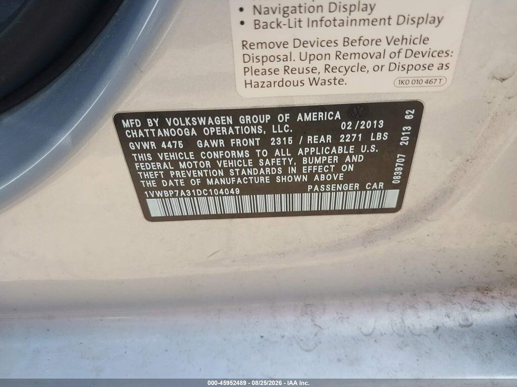 1VWBP7A31DC104049 2013 VOLKSWAGEN PASSAT photo no. 9