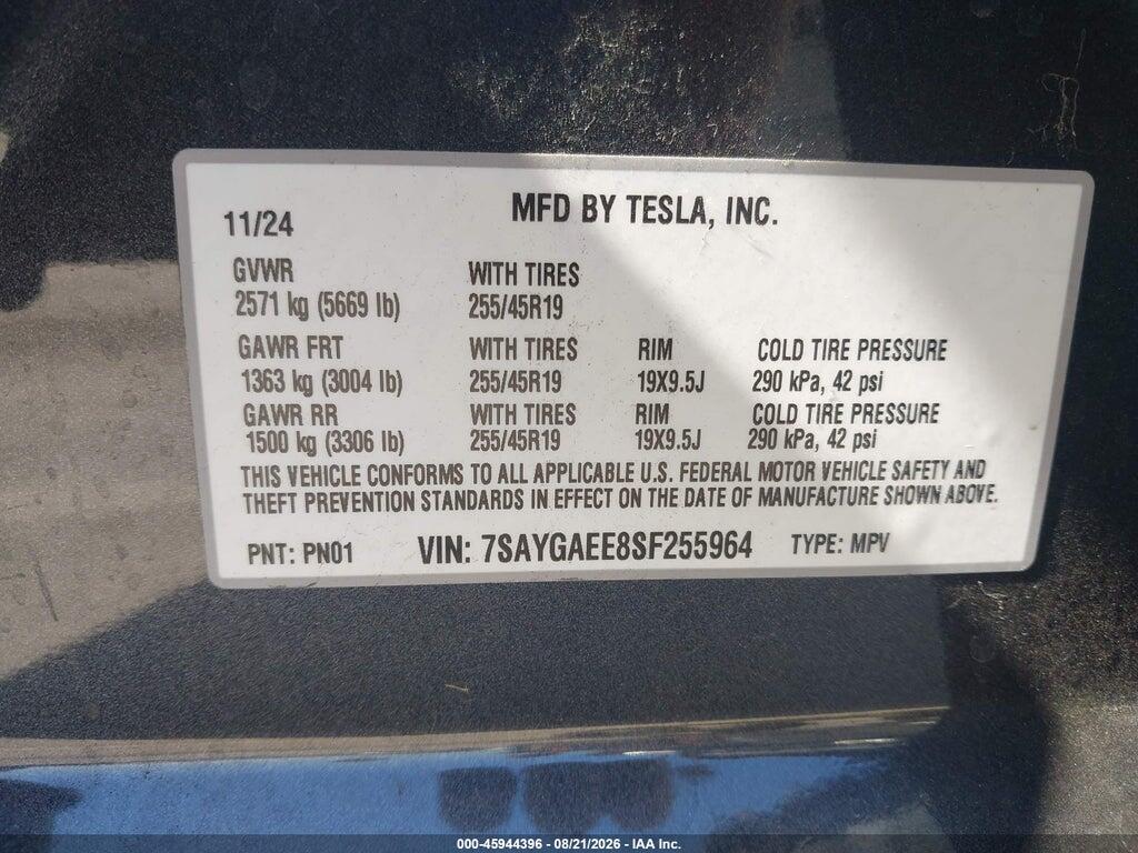 7SAYGAEE8SF255964 2025 TESLA MODEL Y photo no. 9