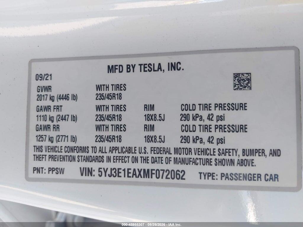 5YJ3E1EAXMF072062 2021 TESLA MODEL 3 photo no. 9