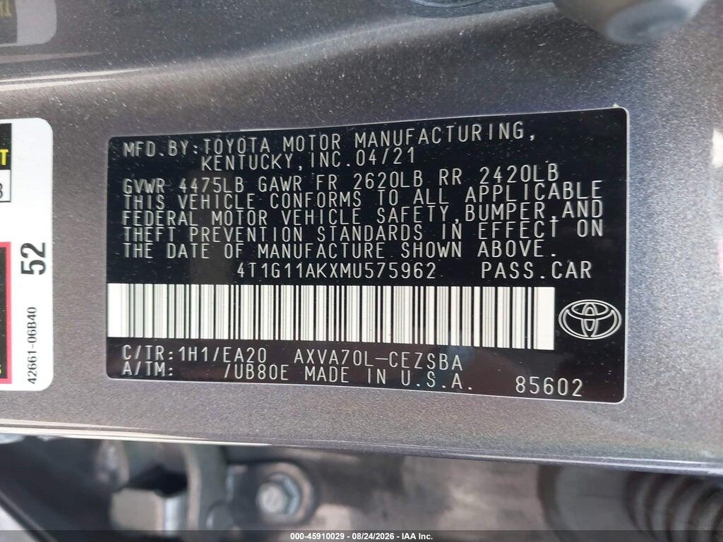 4T1G11AKXMU575962 2021 TOYOTA CAMRY photo no. 9