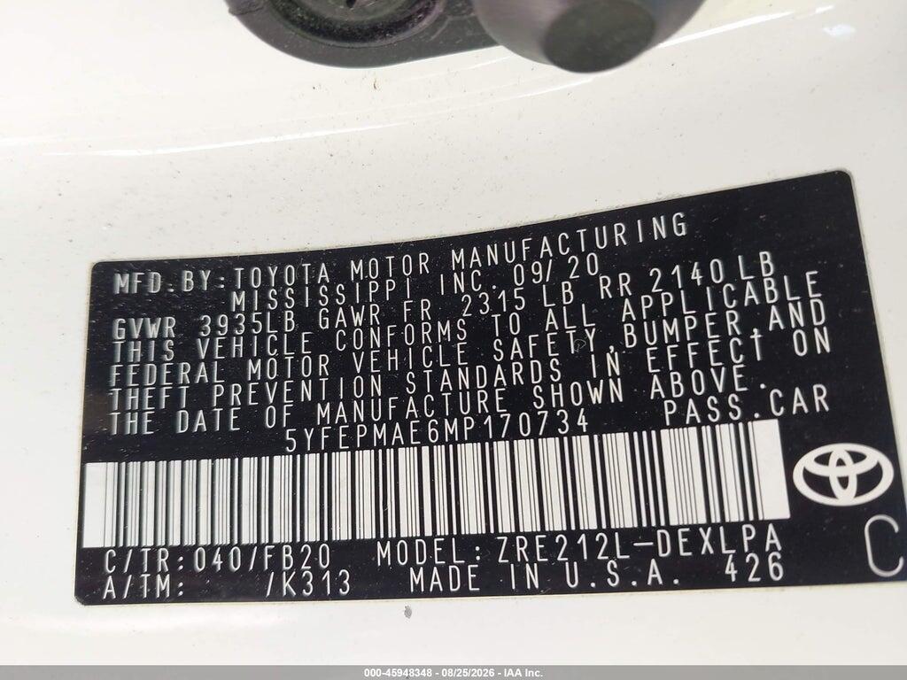 5YFEPMAE6MP170734 2021 TOYOTA COROLLA photo no. 9