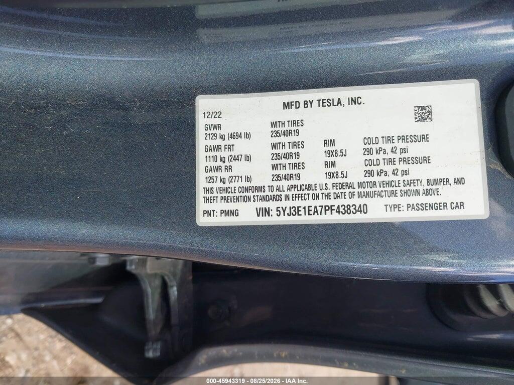 5YJ3E1EA7PF438340 2023 TESLA MODEL 3 photo no. 9