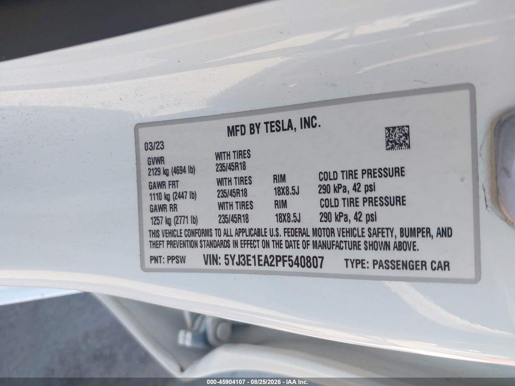 5YJ3E1EA2PF540807 2023 TESLA MODEL 3 photo no. 9