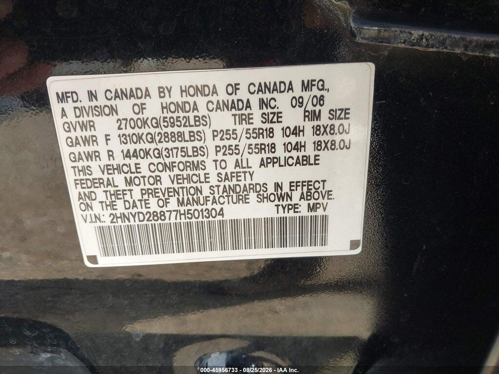 2HNYD28877H501304 2007 ACURA MDX photo no. 9