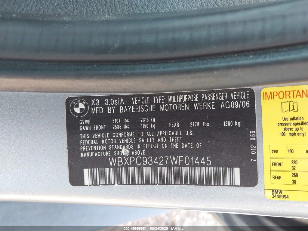 WBXPC93427WF01445 2007 BMW X3 photo no. 9