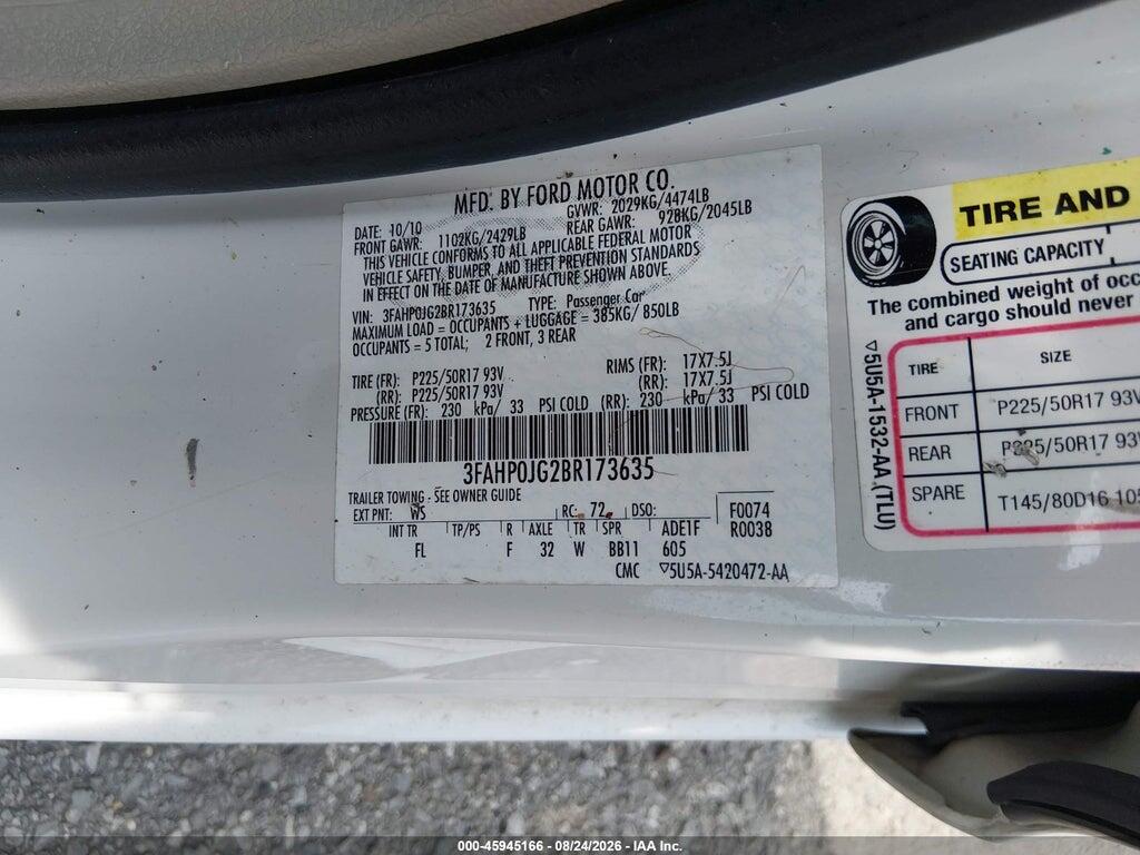 3FAHP0JG2BR173635 2011 FORD FUSION photo no. 9
