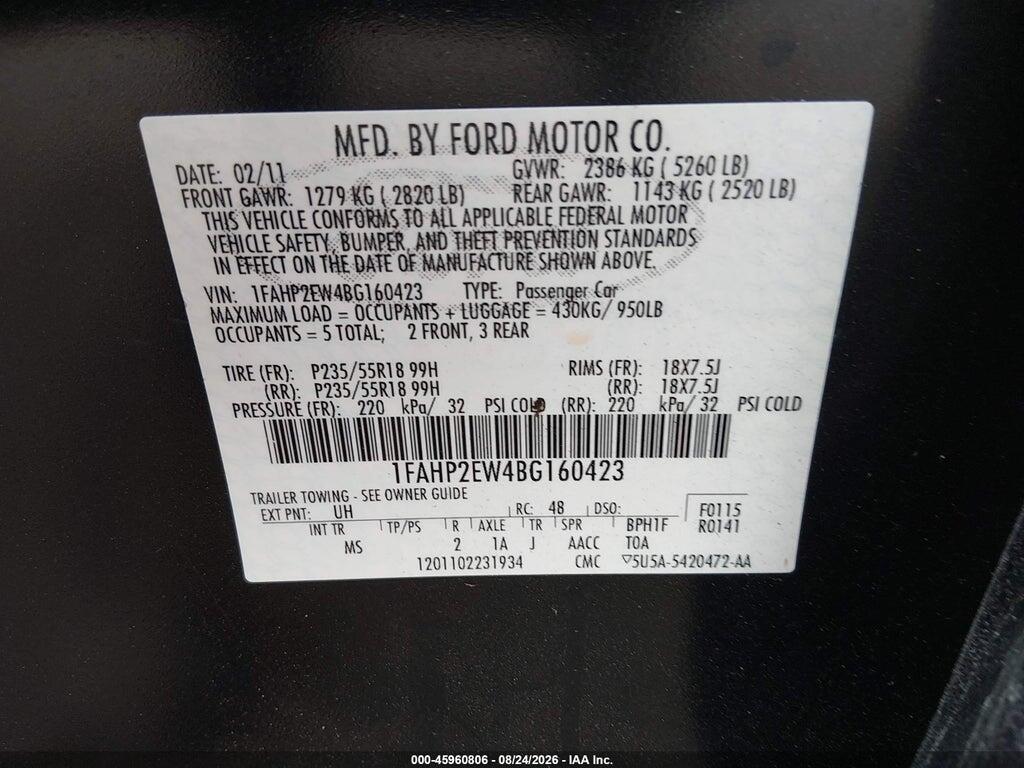 1FAHP2EW4BG160423 2011 FORD TAURUS photo no. 9