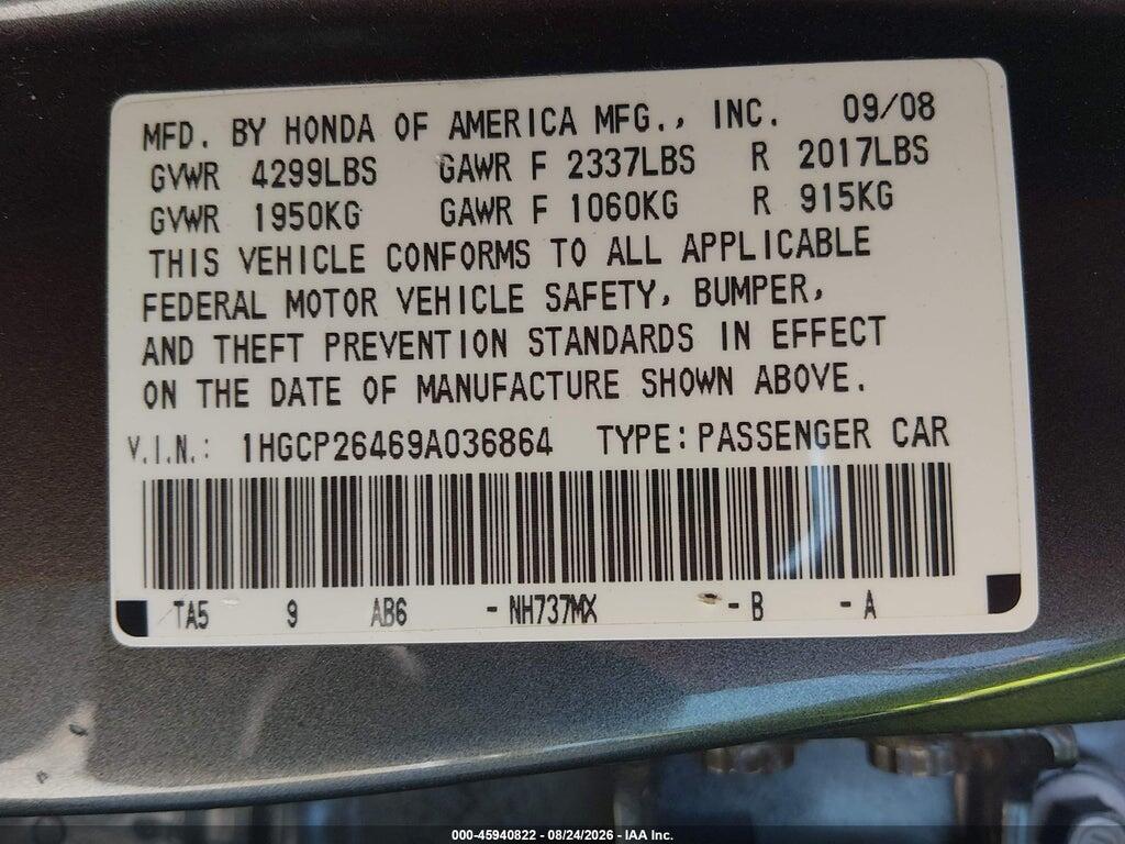 1HGCP26469A036864 2009 HONDA ACCORD photo no. 9