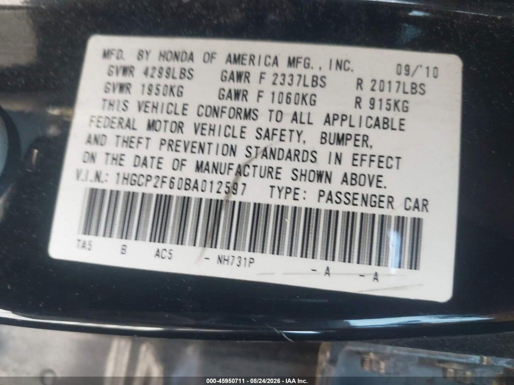 1HGCP2F60BA012597 2011 HONDA ACCORD photo no. 9