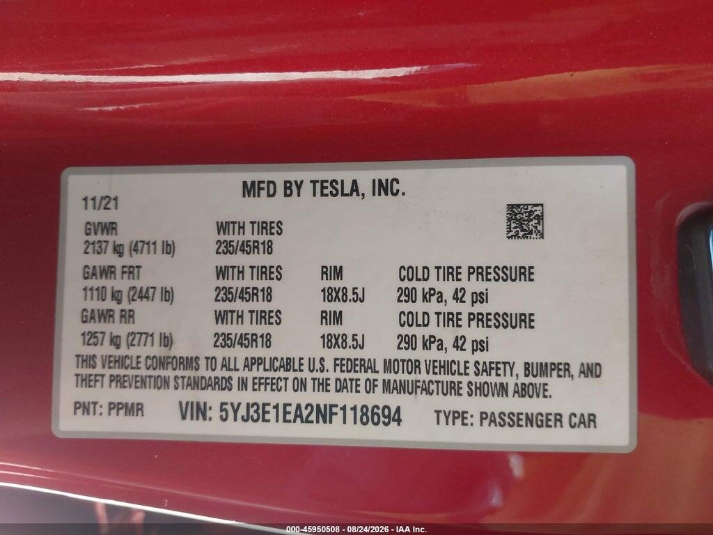 5YJ3E1EA2NF118694 2022 TESLA MODEL 3 photo no. 9