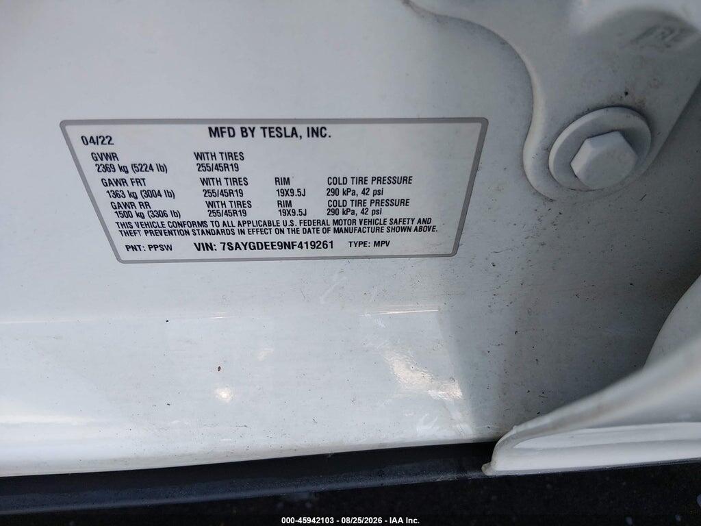 7SAYGDEE9NF419261 2022 TESLA MODEL Y photo no. 9