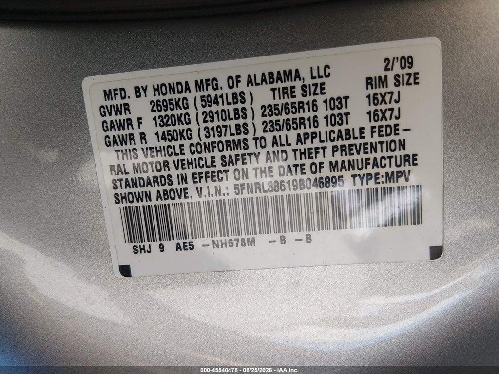 5FNRL38619B046895 2009 HONDA ODYSSEY photo no. 9