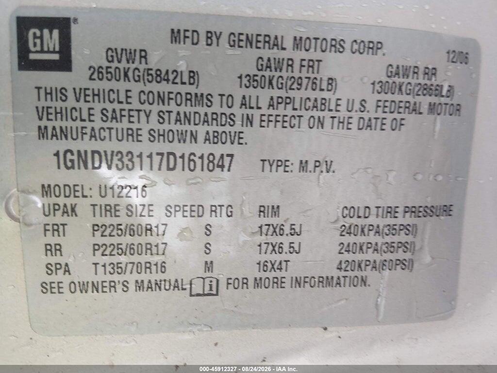 1GNDV33117D161847 2007 CHEVROLET UPLANDER photo no. 9