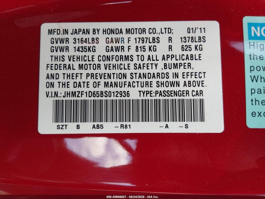 JHMZF1D65BS012936 2011 HONDA CR-Z photo no. 9