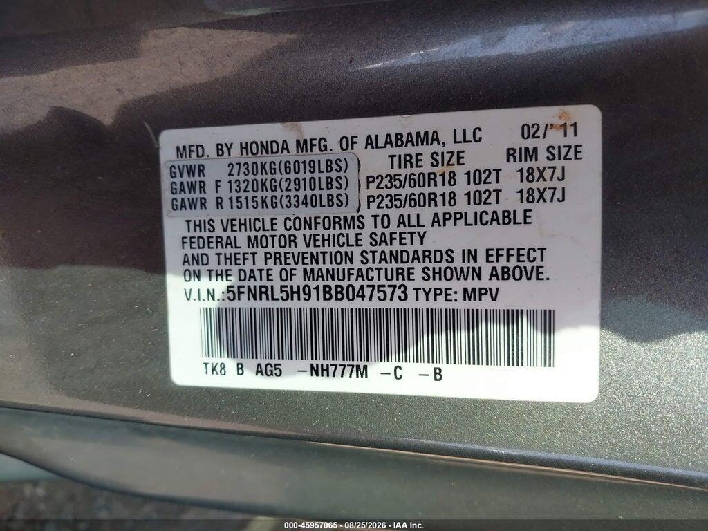 5FNRL5H91BB047573 2011 HONDA ODYSSEY photo no. 9