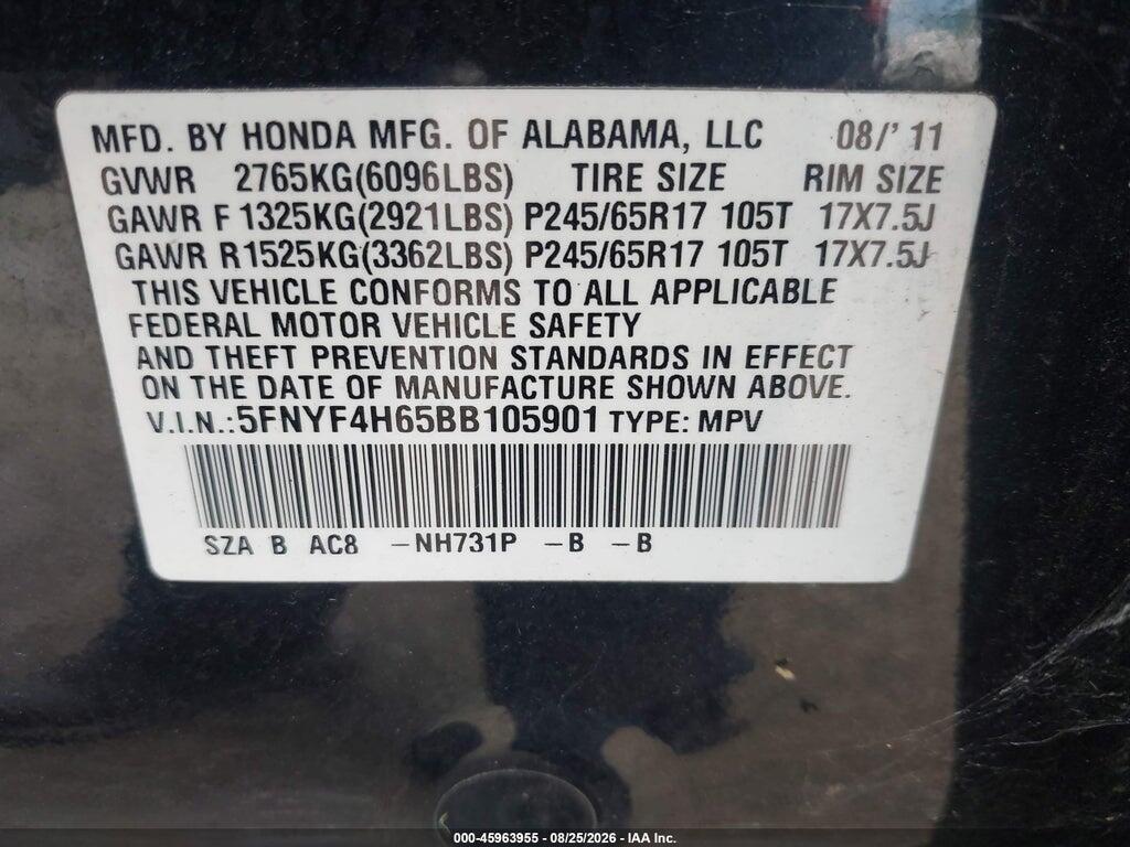 5FNYF4H65BB105901 2011 HONDA PILOT photo no. 9