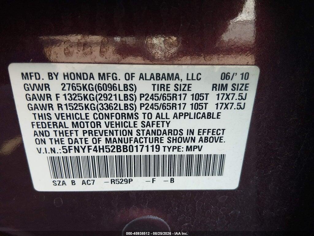 5FNYF4H52BB017119 2011 HONDA PILOT photo no. 9