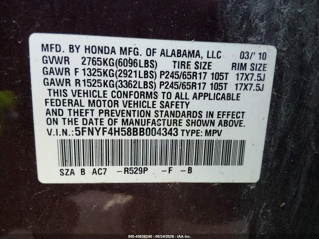 5FNYF4H58BB004343 2011 HONDA PILOT photo no. 9
