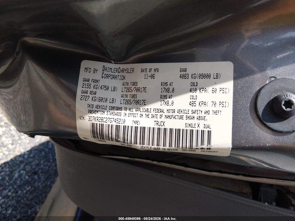 3D7KR28C27G745210 2007 DODGE RAM 2500 photo no. 9