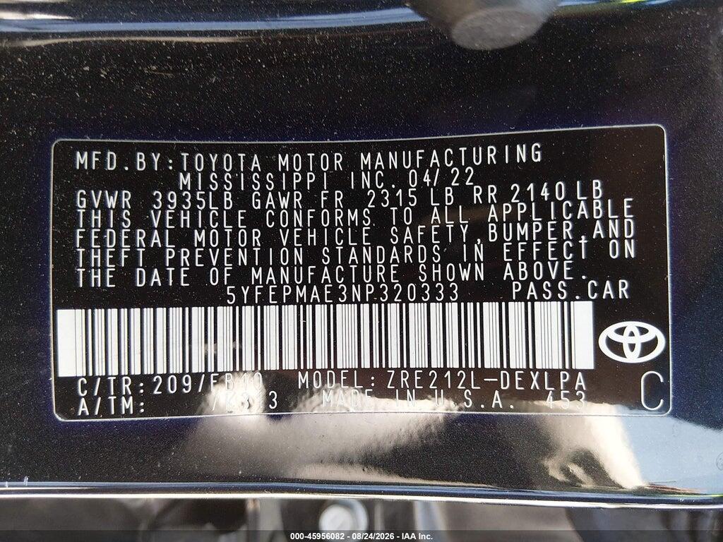 5YFEPMAE3NP320333 2022 TOYOTA COROLLA photo no. 9