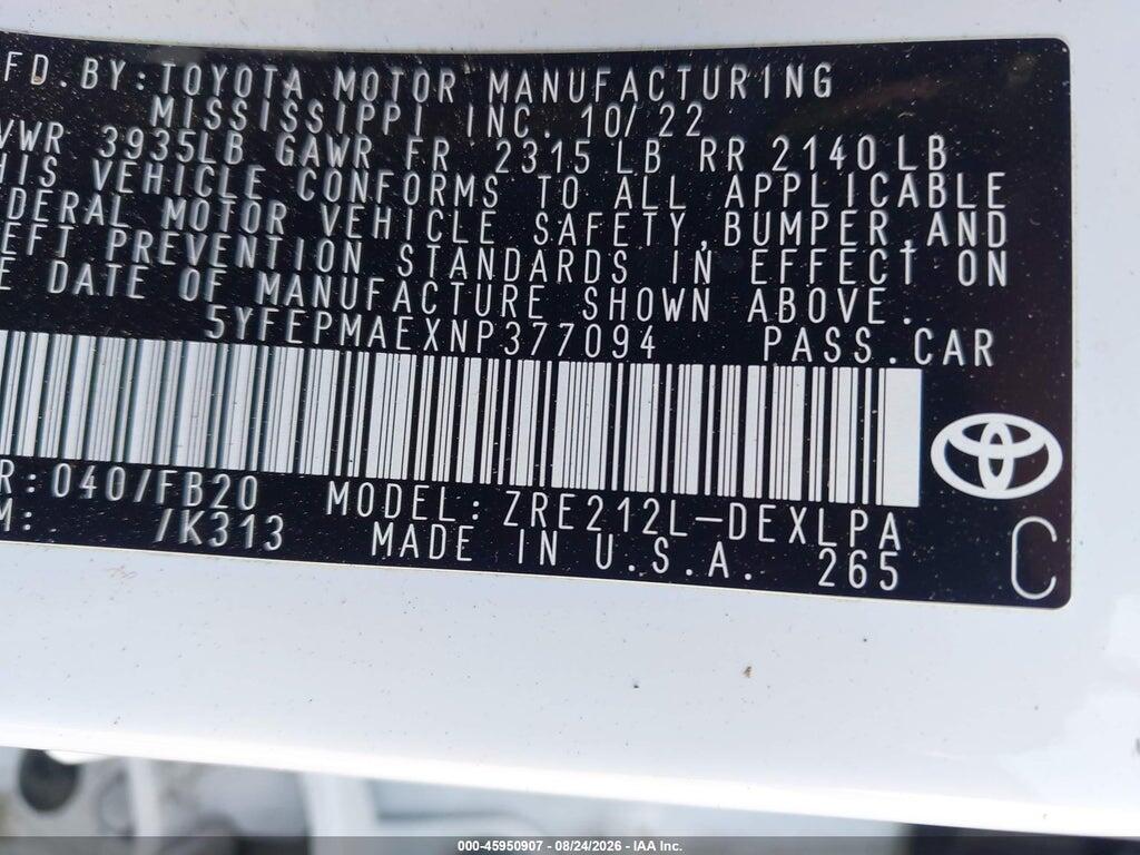 5YFEPMAEXNP377094 2022 TOYOTA COROLLA photo no. 9