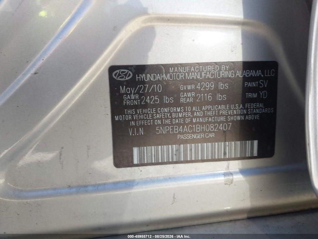 5NPEB4AC1BH082407 2011 HYUNDAI SONATA photo no. 9
