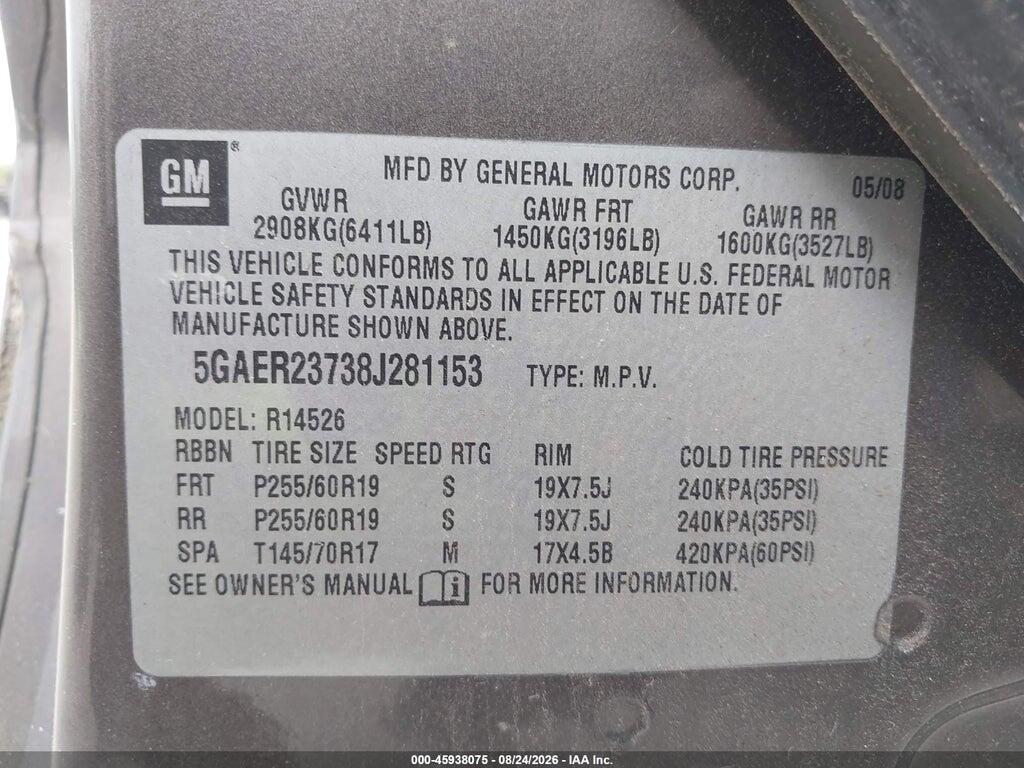 5GAER23738J281153 2008 BUICK ENCLAVE photo no. 9