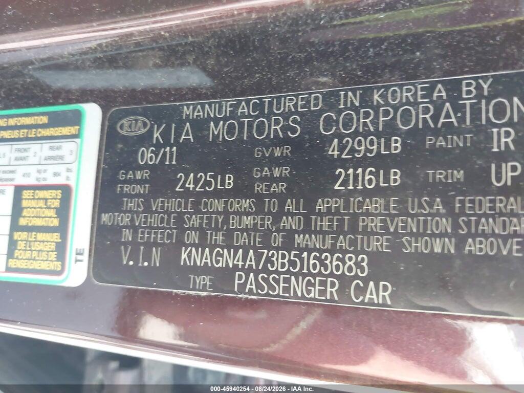KNAGN4A73B5163683 2011 KIA OPTIMA photo no. 9