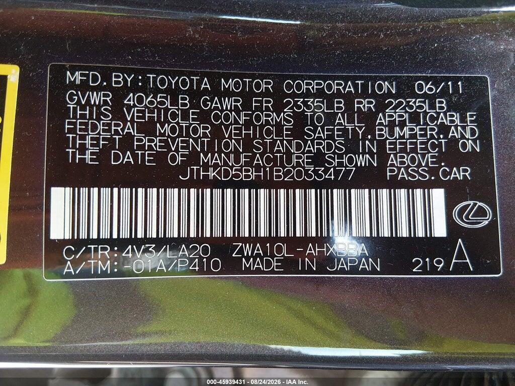 JTHKD5BH1B2033477 2011 LEXUS CT 200H photo no. 9