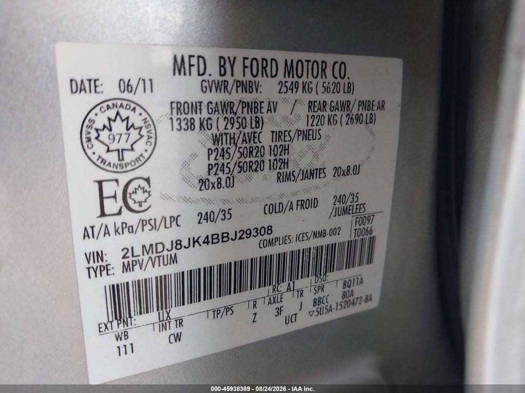 2LMDJ8JK4BBJ29308 2011 LINCOLN MKX photo no. 9