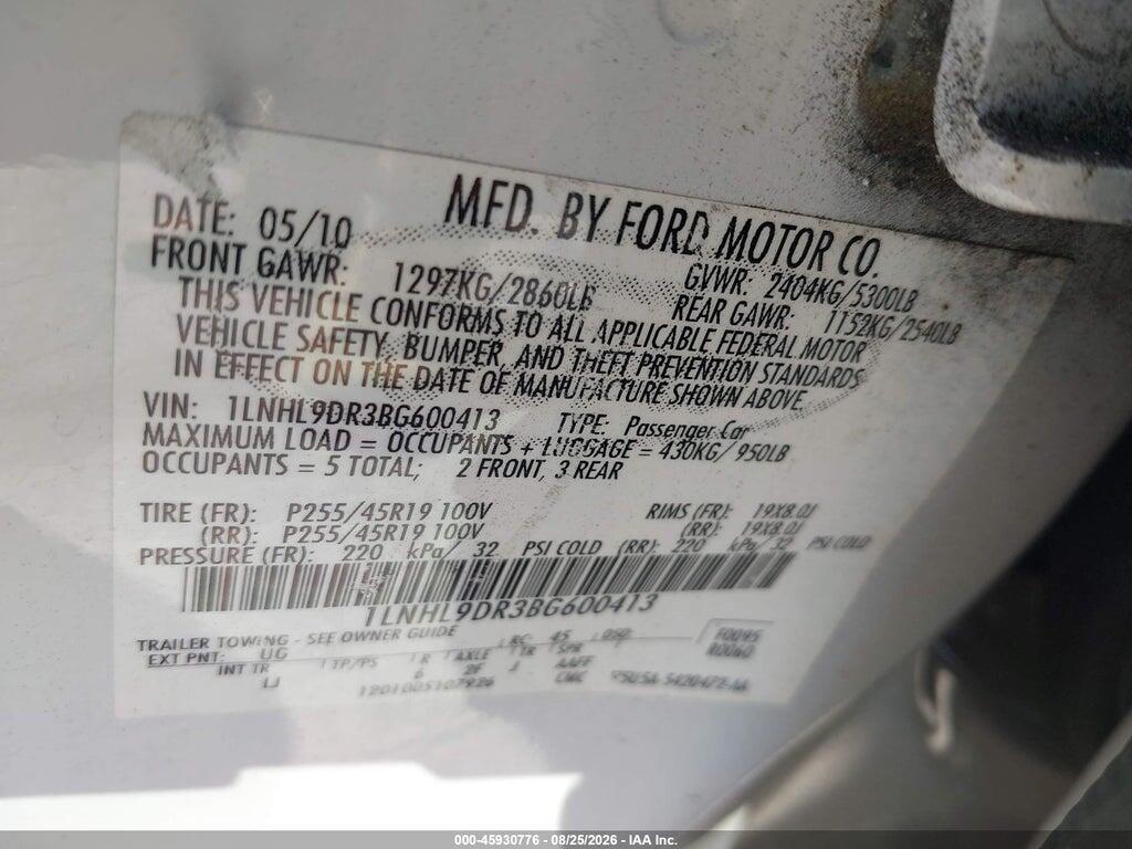 1LNHL9DR3BG600413 2011 LINCOLN MKS photo no. 9
