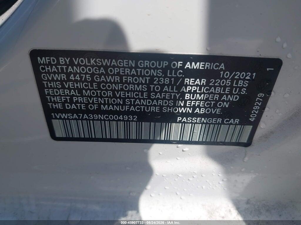 1VWSA7A39NC004932 2022 VOLKSWAGEN PASSAT photo no. 9