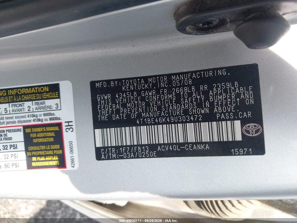 4T1BE46K49U303472 2009 TOYOTA CAMRY photo no. 9